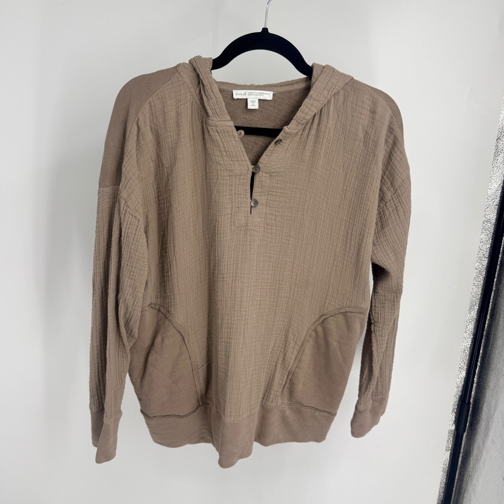 Pure Jill Organic Cotton Gauze Henley Hoodie Taupe Brown Medium Petite 314322